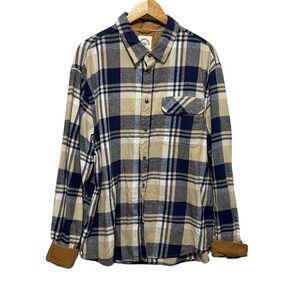 Customized Version Men Flannel Shirt XXL Blue Beige Plaid Workwear Contrast Cuff